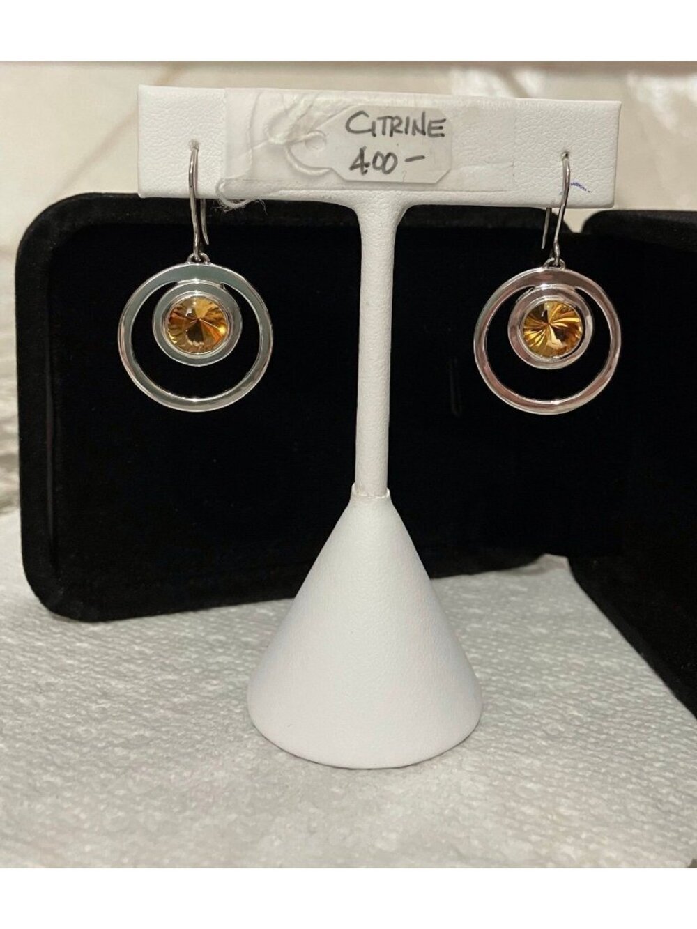 Sterling Silver Citrine Dangle Earrings, 1 1/2” Drop, Double Circle